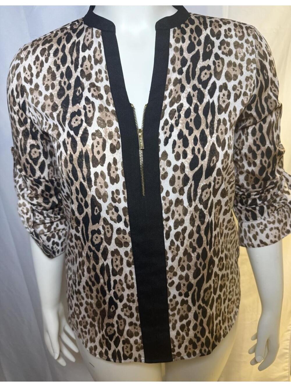 Calvin Klein Womens S Leopard Print Gold Zip Front Black Trim Blouse Top